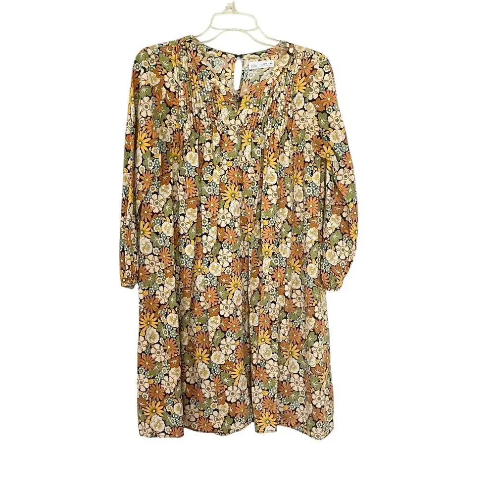 Zara Girls Floral Long Sleeve Pintucked V Neck Peasant Bohemian Dress Size 13-14